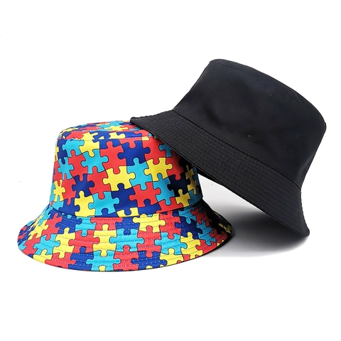 Kleurrijke Puzzel Print Omkeerbare Vissershoed Polyester Zonbescherming Outdoor Reizen Zonnehoed Voor Heren Dames