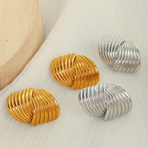 Vintage Stainless Steel Pleated Stud Earrings For Women Gold Silver Plated Irregular Fan Shaped Wave Textured Fashion Jewelry