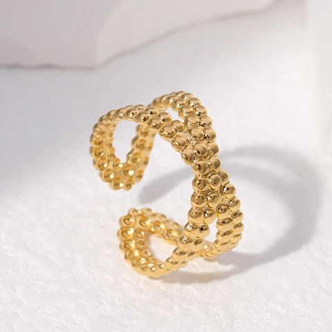 Stainless Steel Beaded Open Ring Adjustable Geometric Dotted Double Layer Cross Minimalist Fashion Jewelry For Women