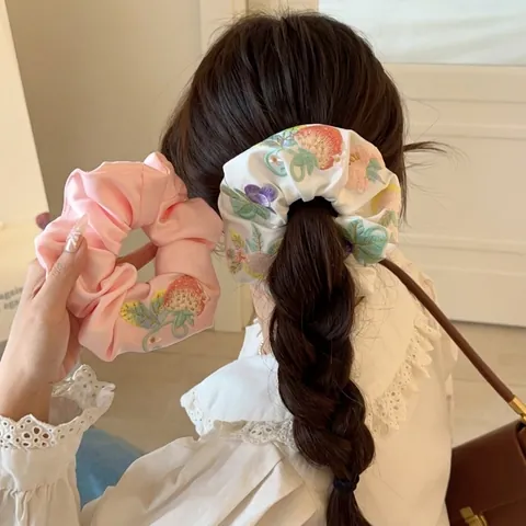 Bestickte Frucht Blumen Satin Scrunchies Koreanisch Süße Elastische Haargummis Pferdeschwanz Halter Für Frauen Mädchen