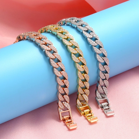 Bracciale a Maglia Cubana con Micro-Pavé di Zirconia per Donna Hip Hop in Rame Placcato Oro Catena Geometrica Gioielli