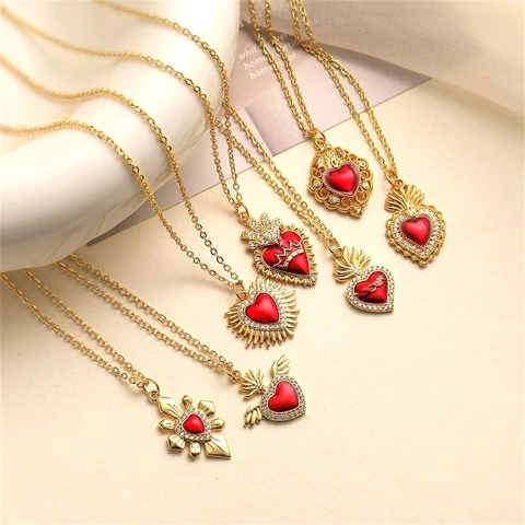 Collana Vintage Sacro Cuore Rame Placcato Oro Smalto Rosso Ala Zircone Ciondolo Gioielli Eleganti Donna Moda Estetica