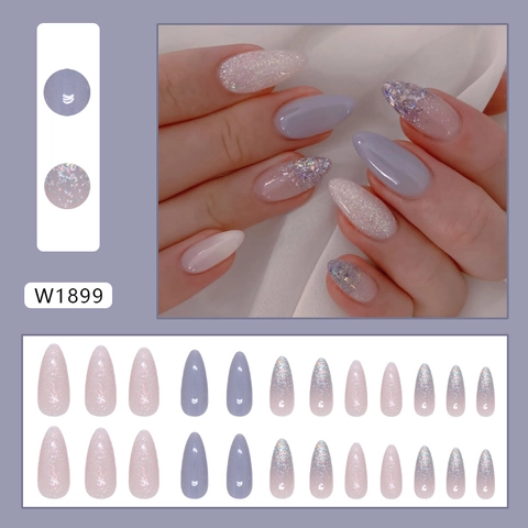 Unghie Finte Press On Forma Mandorla Lunghezza Media Lilla Blu Nebbia Sfumato Glitter Unghie Artificiali Donne Plastica ABS