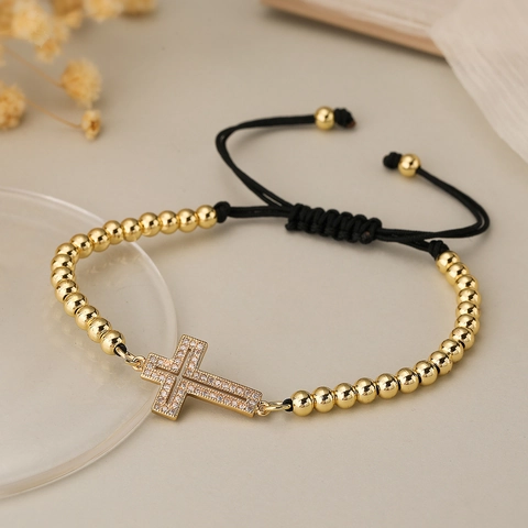 Bracciale Con Perline A Croce Rame Placcato Oro 18K Zircone Micro Intarsiato Cordino Regolabile Gioielli Da Donna