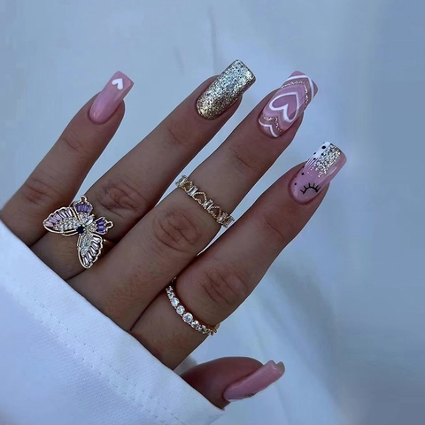 Künstliche Fingernägel Süßes Herzmuster Funkelndes Rosa Silber Farbverlauf Cartoon Wimpern Falsche Nägel Für Frauen Mädchen