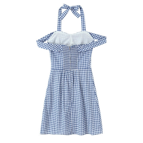 Gingham Halter Jurk Katoen Off Shoulder Strik Ceintuur Slim Fit A-Lijn Zomer Casual Vakantie Dames