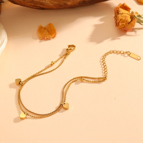 Double Layer Heart Pendant Bracelet 18K Gold Plated Stainless Steel Snake Chain Round Beads Adjustable For Women Fashion