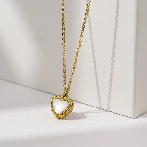 Herz Anhänger Halskette Für Damen Edelstahl Gold Vergoldet Weiß Muschel Perlmutt Vintage Französischer Stil Schmuck