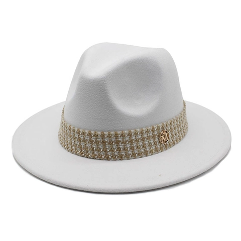Fedora Hut Damen Wollfilz Breite Flache Krempe Vintage Jazz Kappe Mit Gewebtem Band Metall M Abzeichen Eleganter Britischer Stil