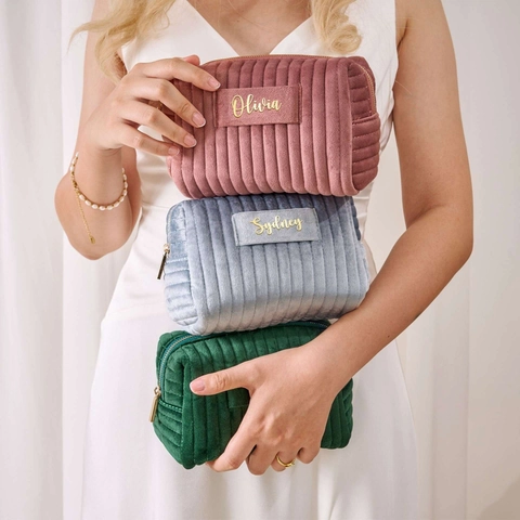 Velvet Makeup Bag Quilted Vertical Stripe Large Capacity Toiletry Organizer Portable Zipper Cosmetic Storage For Travel