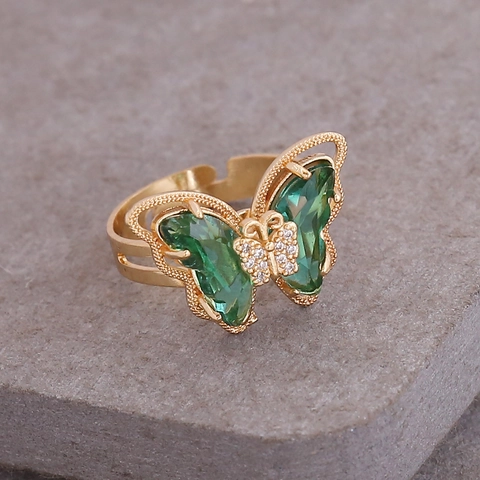 Bague Ouverte Papillon Cuivre Plaqué Or Avec Verre Coloré Zircon Bijoux Réglables Pour Femmes Tendance Élégante