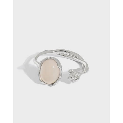 925 Sterling Silber Ring Für Frauen Unregelmäßige Rebe Textur Weißer Achat Verstellbar Offen Nischen Design Vintage Stil
