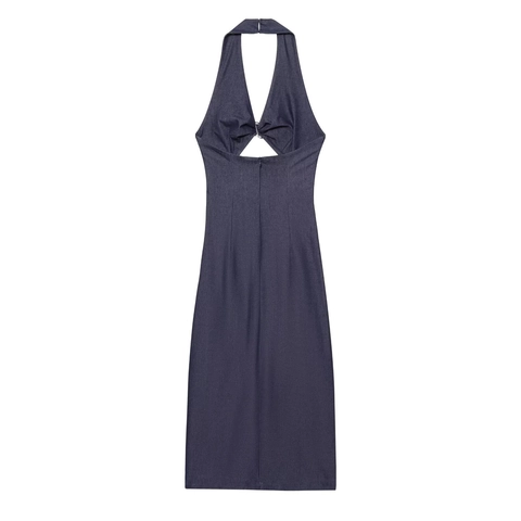 Vestido Largo Halter Para Mujer Azul Oscuro Color Sólido Abertura Con Anillo Metálico Espalda Descubierta Ajustado