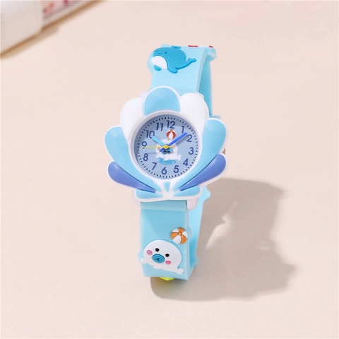 Kinder Quarz Uhr Muschelgehäuse 3D Ozean Thema Delfin Wal Cartoon Silikonarmband Student Geschenk Blau