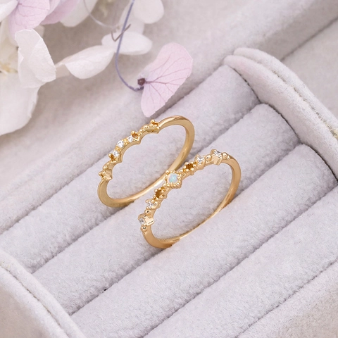 Vintage 925 Sterling Silver 14K Gold Plated Australian Opal Ring Set Crown Wave Cubic Zirconia Stackable Ring For Women Jewelry