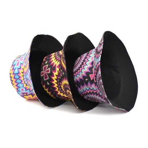 Cappello Da Pescatore Stampa Psichedelica Cotone Tela Estate Protezione Solare Aperto Viaggio Retro Motivo Caleidoscopio Uomo Donna