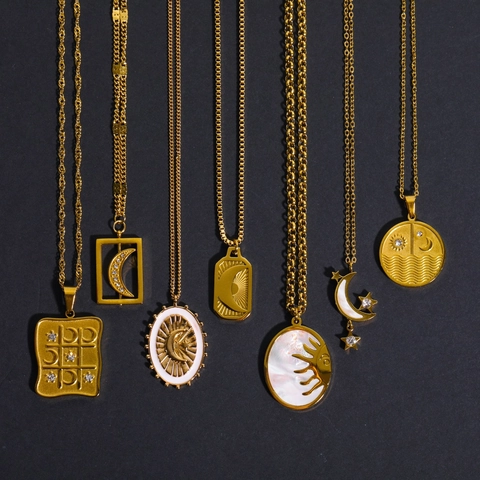 Rotating Sun Moon Pendant Necklace 18K Gold Plated Titanium Steel Tarot Style Zircon Mother Of Artificial Pearl Jewelry For Women