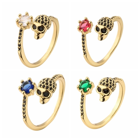 Totenkopf Ring Kupfer Zirkon Verstellbar Offen Punk Gotik Rock Stil Schmuck Für Damen Herren