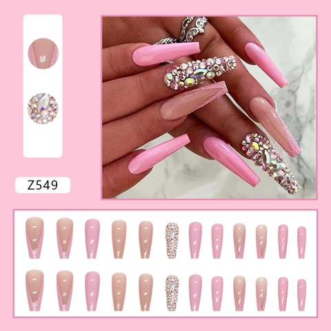 Faux Ongles Long Cercueil Strass Étincelant Dégradé Rose Style Français Doux Élégant Ongles Artificiels Pour Femmes