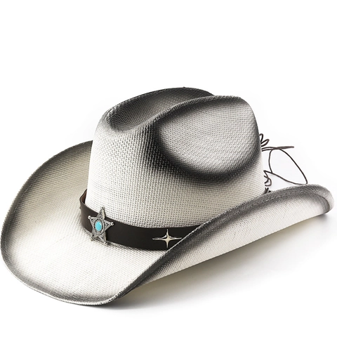 Western Cowboy Straw Hat Wide Brim Sun Protection Braided Paper Hat With Leather Band Metal Star Turquoise Decor