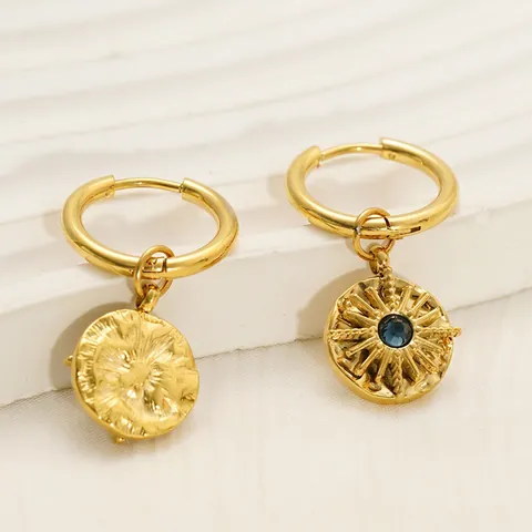 Edelstahl Creolen 18K Gold Beschichtet Sonnenanhänger Blauer Zirkonia Geometrische Scheibe Retro Bohème Schmuck Für Frauen