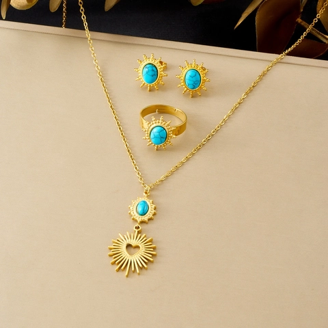 Vintage Sunburst Jewelry Stainless Steel Turquoise Necklace Earrings Ring Heart Hollow Out Retro Women Accessory
