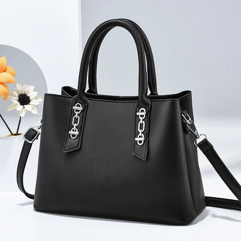 Borsa a Mano da Donna in Pelle PU Retro Semplice Con Decorazione in Catena di Metallo Tracolla Rimovibile Borsa a Tracolla