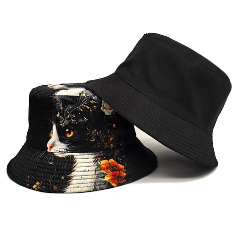 Artistieke Vissershoed Kat En Bloemenprint Polyester Ademend Zonbescherming Outdoor Retro Stijl Voor Dames
