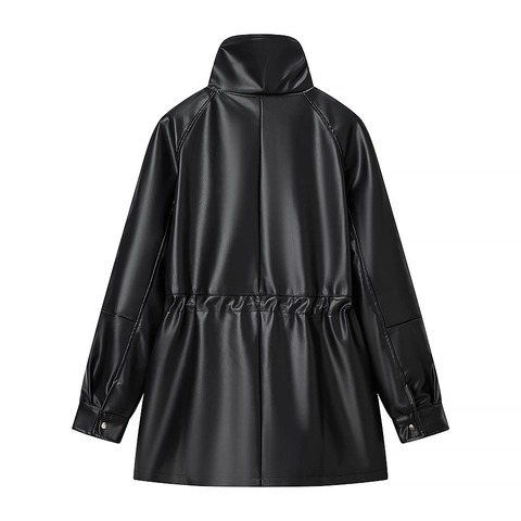 Faux Leather Jacket Women Stand Collar Drawstring Waist PU Outwear Streetwear Zip Up Casual Windbreaker Coat