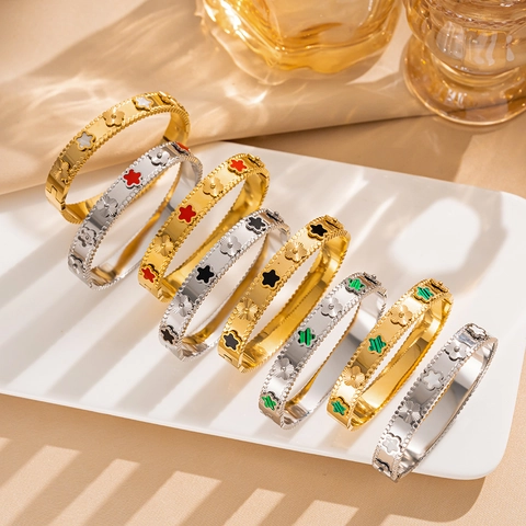 Pulsera Brazalete De Acero Inoxidable Para Mujer Con Flor De Cinco Pétalos Incrustación De Concha Borde De Cuentas Joyería Elegante Vintage