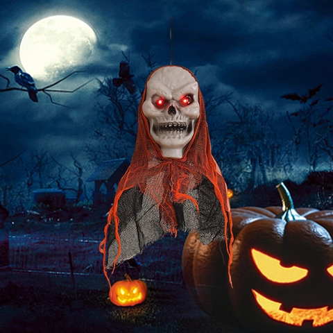 Gruseliger Halloween Hängender Geist Totenkopf Deko Kunststoff Gaze Stoff Leuchtend Rote LED Augen Requisite Garten Innen
