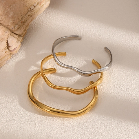 Irregular Wave Open Cuff Bangle Stainless Steel 18K Gold Plated Minimalist Geometric Jewelry For Women Modern Aesthetic