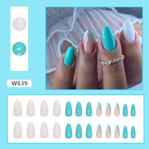 French Almond Shape Press On Nägel Minzgrün Weiß Silber Glitzer Künstliche Falsche Nägel Für Frauen