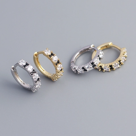 Orecchini A Cerchio In Argento Sterling 925 Due Toni Zircone Nero Bianco Geometrico Minimalista Per Donne