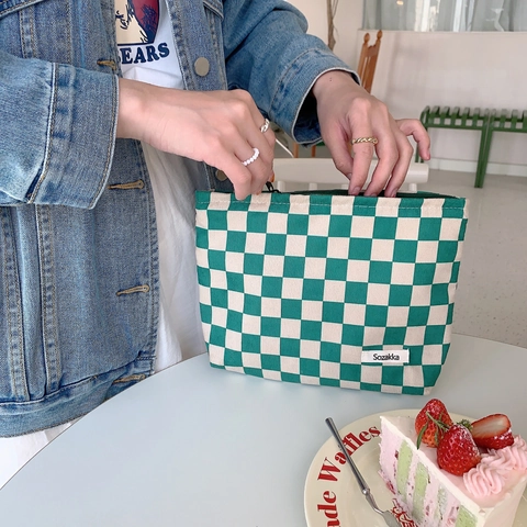 Vintage Corduroy Checkerboard Makeup Bag Contrast Color Toiletry Organizer Handheld Cosmetic Pouch For Women Travel Daily Use