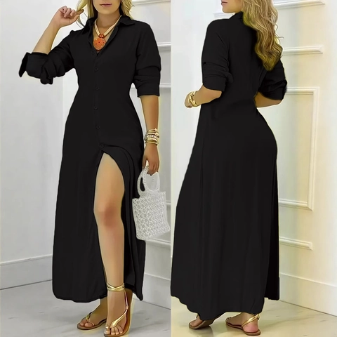 Abito Chemisier Lungo Elegante Da Donna Manica Lunga Con Bottoni Colore Solido Vestito In Poliestere Con Spacco Laterale