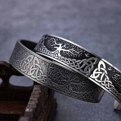 Tree Of Life Celtic Knot Stainless Steel Open Cuff Bangle Vintage Nordic Viking Style Adjustable Jewelry For Men Women
