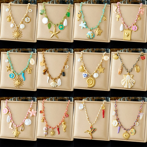 Ocean Theme Charm Necklace Woven Rope Stainless Steel Artificial Pearl Shell Starfish Turtle Conch Bohemian Summer Beach Jewelry Women