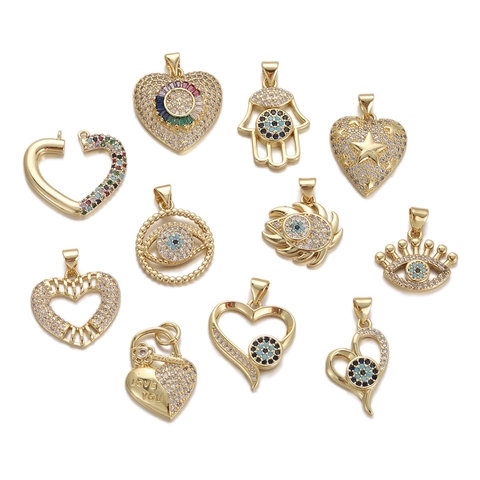Böser Blick Hamsa Hand Herz Anhänger Kupfer 18K Vergoldet Zirkonia Charms Für Halskette Schmuckherstellung DIY Zubehör