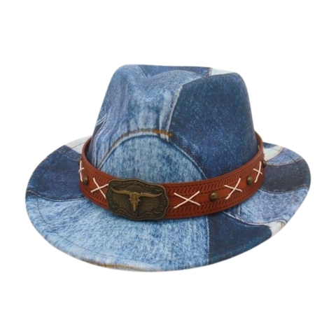 Cappello Fedora Da Cowboy Western Per Bambini Patchwork Denim Con Fascia In Pelle E Fibbia Testa Di Toro Metallo
