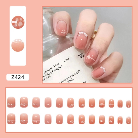 Press On Nails Square Gradient Pink With Artificial Pearl Rhinestone Cat Paw Heart Decor Reusable DIY Manicure For Women