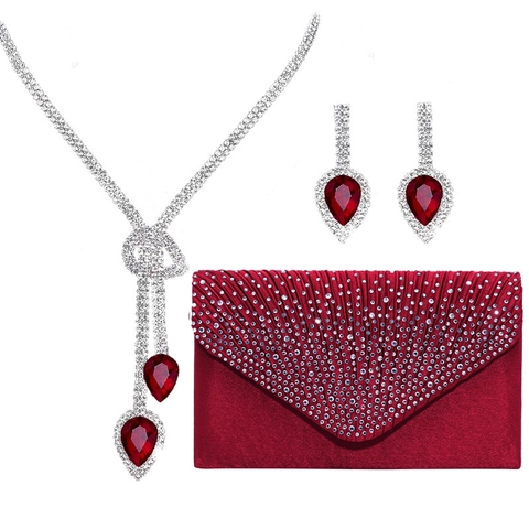 Collana Orecchini Con Strass Goccia Acqua E Pochette In Raso Per Festa Banchetto Accessorio Elegante Per Donna