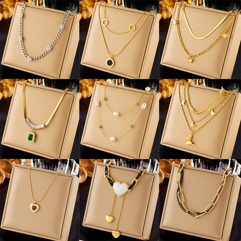 Stainless Steel Mehrlagige Halskette Damen Schmetterling Herz Anhänger Zirkon Künstliche Barockperle Vintage Luxus Schmuck