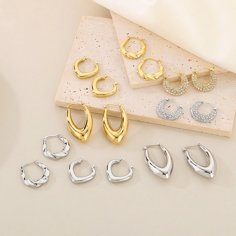 Stainless Steel Hoop Earrings Geometric U-Shape Heart Twist Textured Minimalist Rhinestone Fashion Jewelry For Women