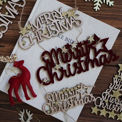 Buon Natale Ornamenti Appesi In Legno Lettere Cave Stella Luccicante Oro Decorazione Albero Di Natale Rosso