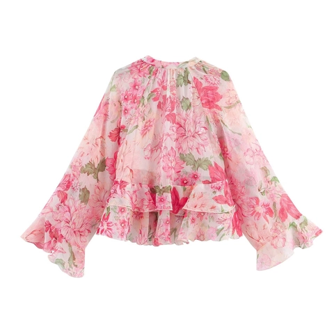Floral Chiffon Blouse Ruffle V-Neck Flare Long Sleeve Layered Elegant Pink Flower Print Shirt