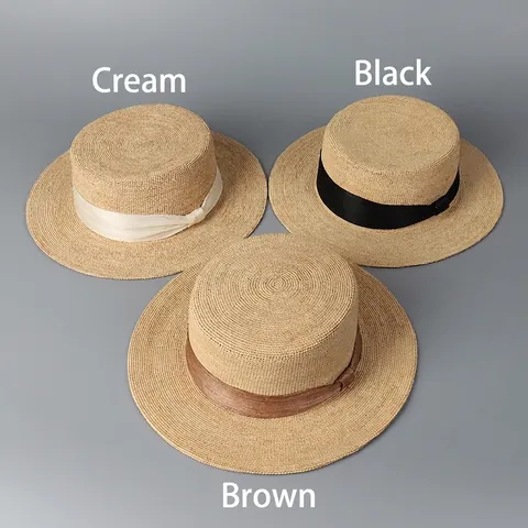 Elegante Sombrero Boater De Paja De Rafia Mujer Protección Solar Ala Ancha Parte Superior Plana Vacaciones Verano Plegable