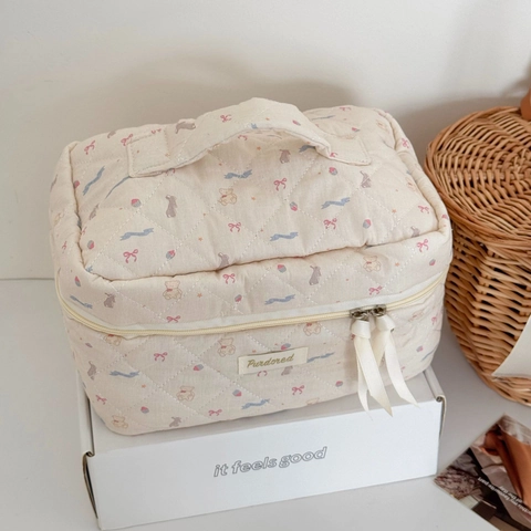 Borsa Per Trucco In Cotone Trapuntato Organizzatore Con Cerniera Simpatica Stampa Orso Conservazione Bellezza Viaggio Per Ragazze Donne