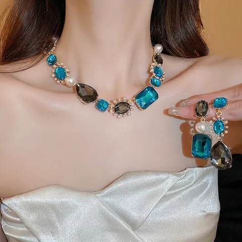 Vintage Luxus Halskette Und Ohrringe Legierung Blaue Strasssteine Künstliche Perlen Damen Mit 925 Sterling Silber Ohrring Stecker