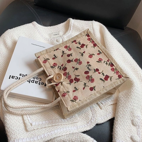 Borsa A Mano Floreale Tela Lino Borsa Vintage Stampa Rose Manico Corda Cotone Bottone Legno Casual Quadrata Per Donne